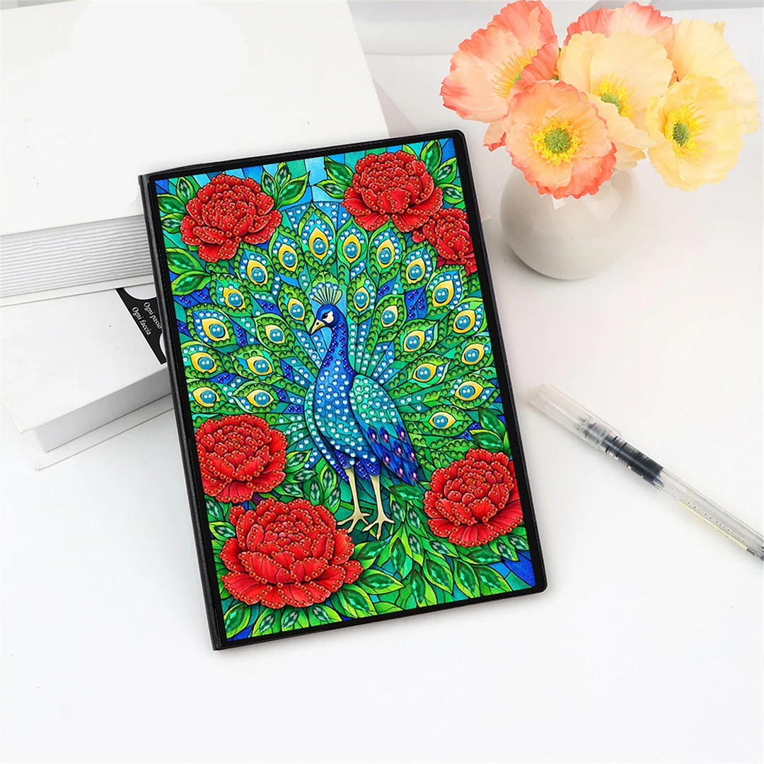 DIY Flower Diamond Painting Journals Notebooks 50 Pages A5 No Lines Special Shaped Diamond Art Kits for Beginners Craft Lovers and Artists (Peacocks)
