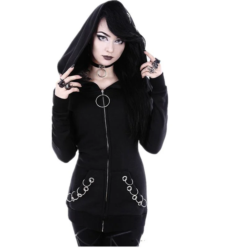 Women Punk Hoodie Sweatshirt 2020 Autumn Long Sleeve Iron Ring Hooded Zipper Jackets Casual Plus Size Black Tops Female Clothes