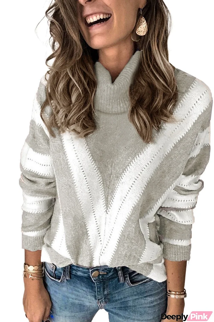 Striped Color Block Turtleneck Knitted Sweater