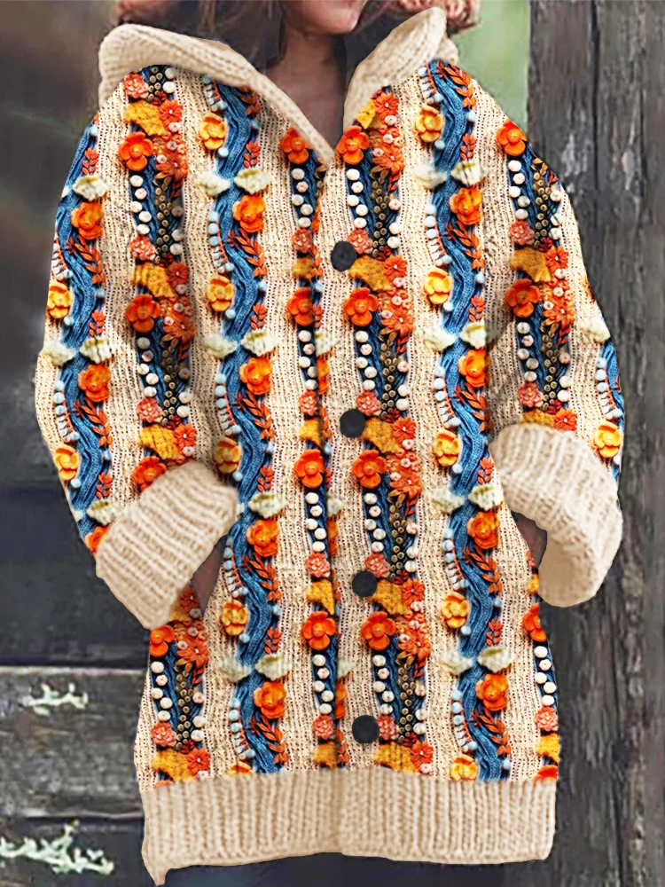 Floral Knit Art Pattern Cozy Hooded Cardigan