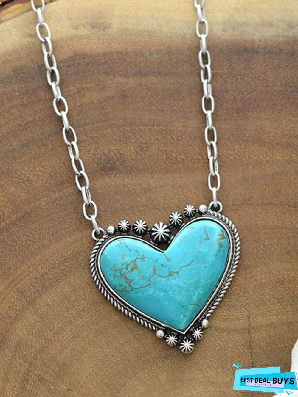 Boho Natural Turquoise Heart Pattern Necklace Sweater Chain Ethnic Vintage Jewelry