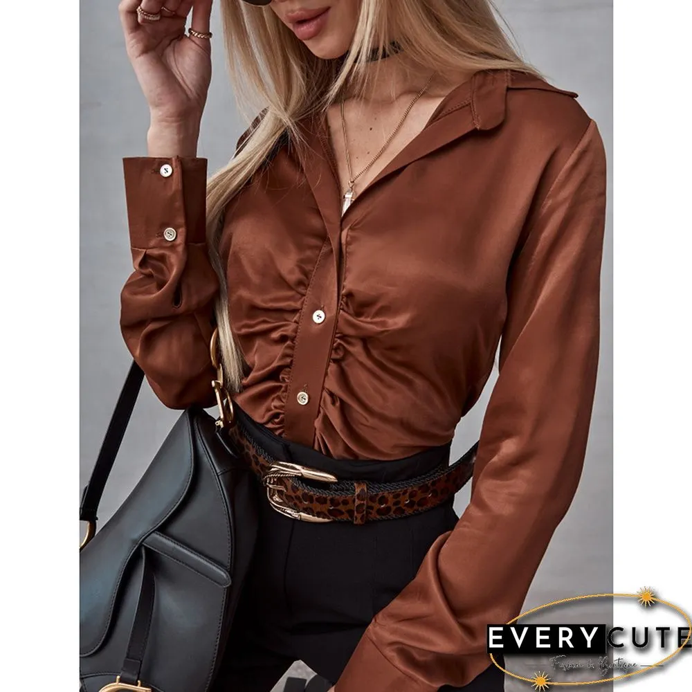 Beige Pleated Button Long Sleeve Shirt
