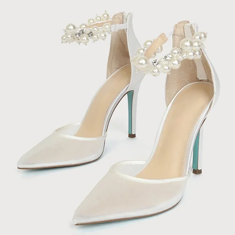 White Clear Stilettos Women's Pearls Ankle Strap Pumps Bridal Heels |FSJ Shoes