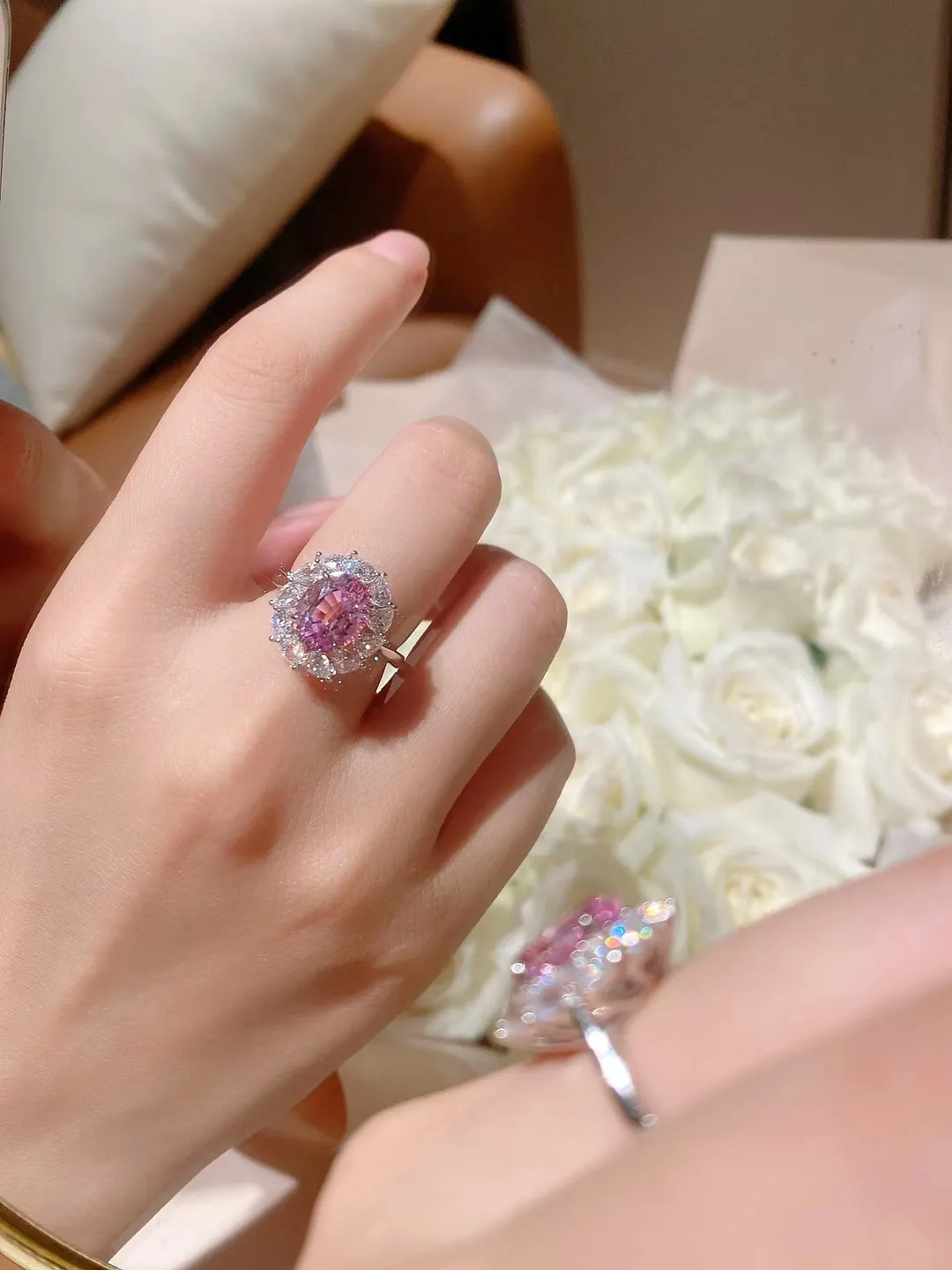 100% 925 Sterling Silver Sparkling 3 Carats padparadscha Pink High Opal Diamond Wedding Rings for Women Party Fine Jewelry Gift