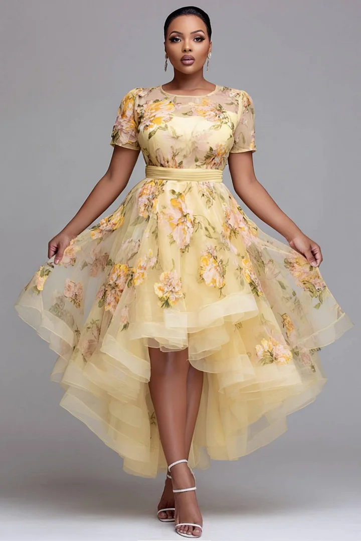 Xpluswear Design Plus Size Wedding Guest Yellow Floral Round Neck Short Sleeve High Low Hem Tulle Midi Dresses 2024 - Xpluswear