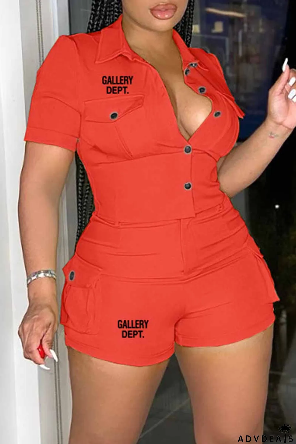 Yellow Street Print Letter Turndown Collar Short Sleeve Two Pieces