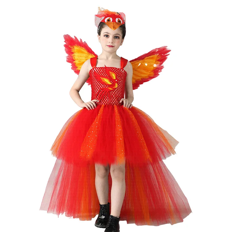 Kids Children Animals Phoenix Bird Red Tutu Dress Outfits Cosplay Costume Halloween Carnival Suit
