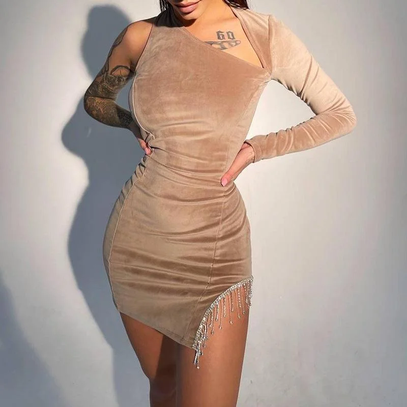 Neosepa-Soft Velvet Solid Color Cutout Open-Back One-Shoulder Fringe Slit Slim Dress