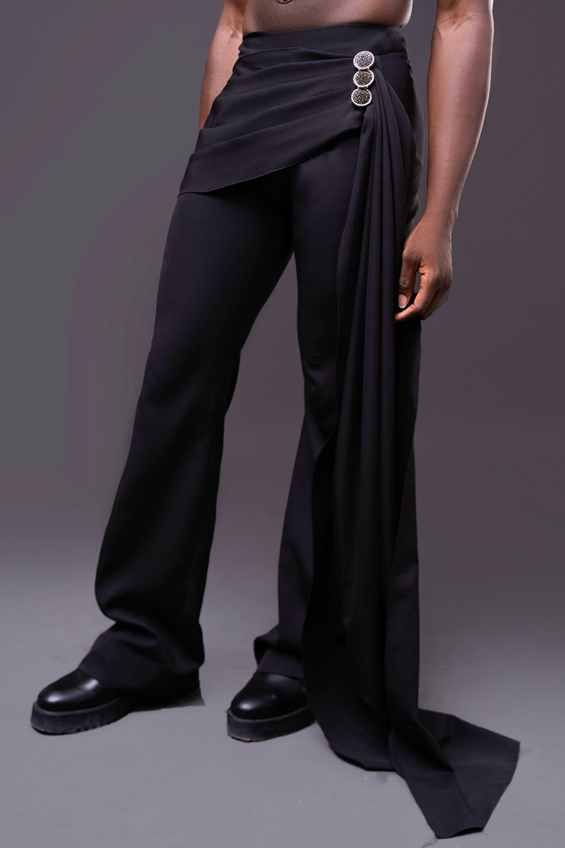 Men's Ruched Drape Sash Black Straight Leg Pants