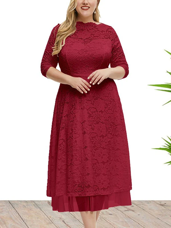 Hollow Solid Color High Waisted Plus Size Round-Neck Midi Dresses