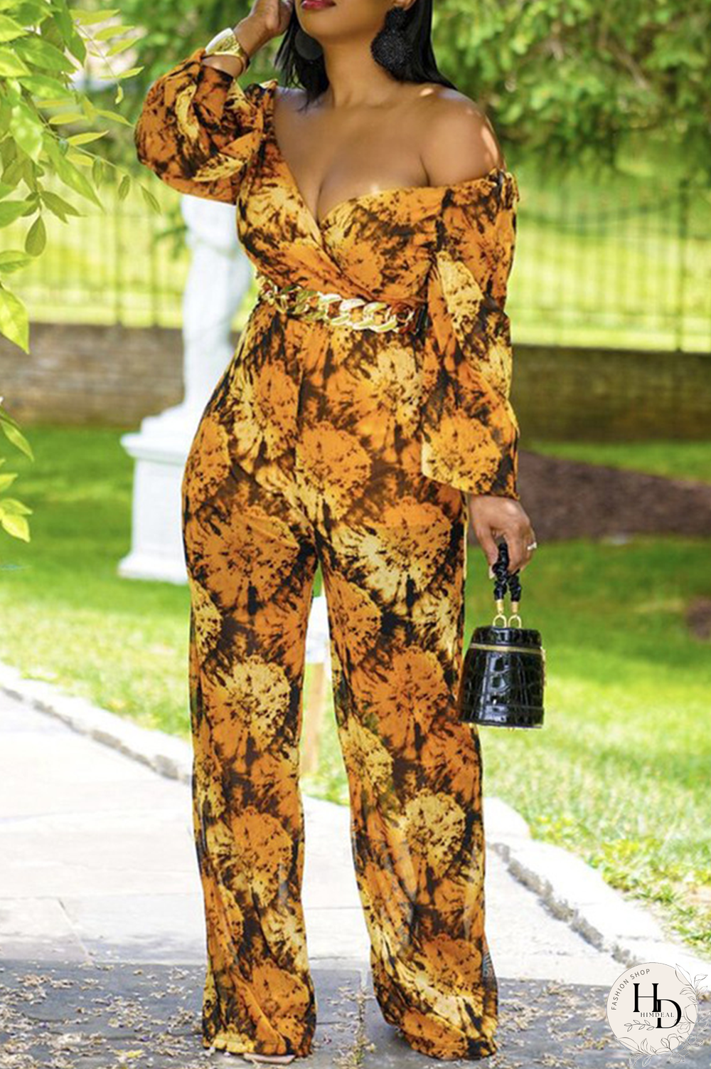Yellow Sexy Print Split Joint V Neck Boot Cut Jumpsuits