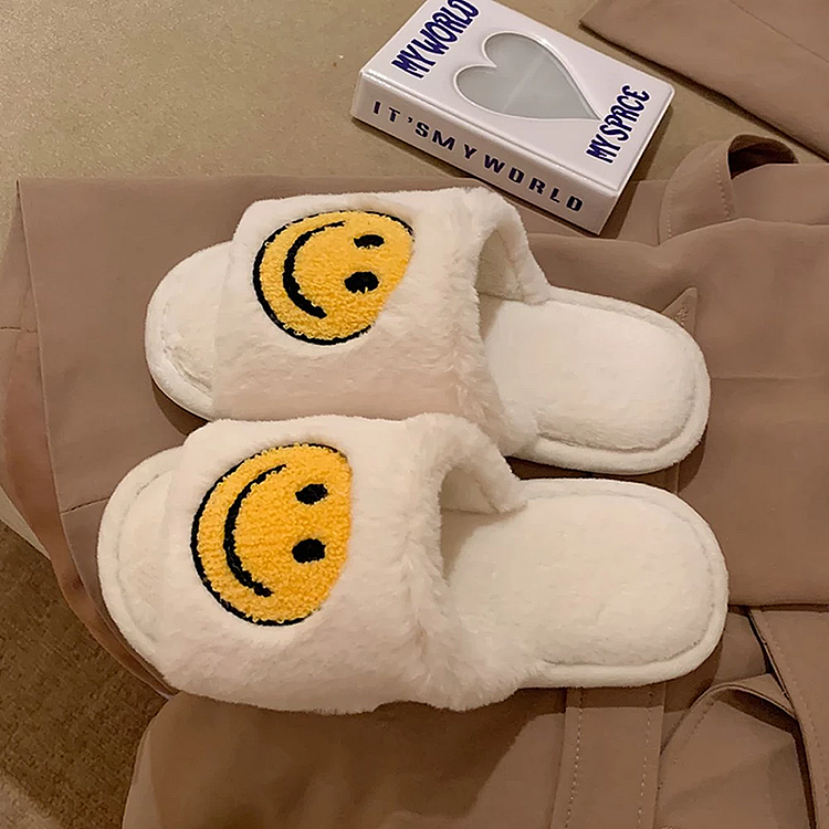 Happy Smile Open Toe Soft Fuzzy Slippers - Gotamochi Kawaii Shop, Kawaii Clothes