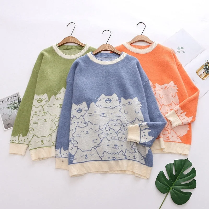 Blue Cat Embroidery Knit Jumper Harajuku Pullover Sweater SP16435