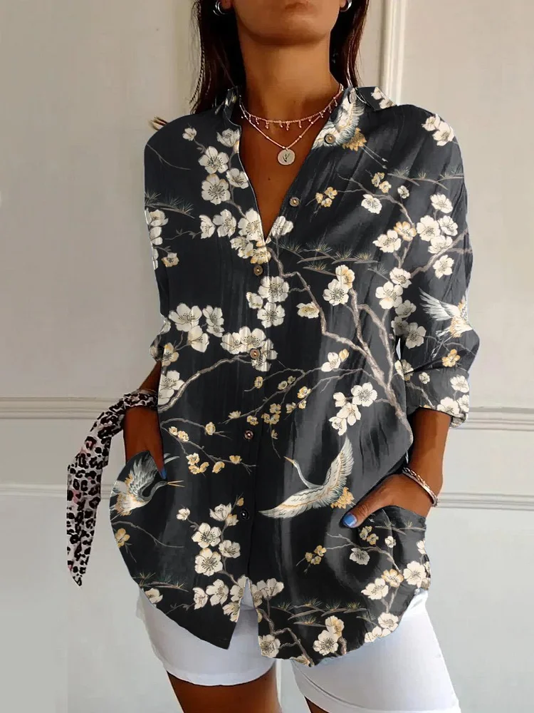 Japanese Art Floral Print Casual Long-sleeved Shirt