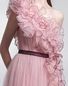 Women's Pink Off-the-shoulder Ruffled Mesh Dress