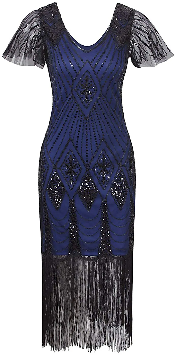 VIJIV Women's 1920s Gatsby Sequin Bead Fringe Flapper Dress With Sleeves - Great Gatsby Party, Vintage Costume