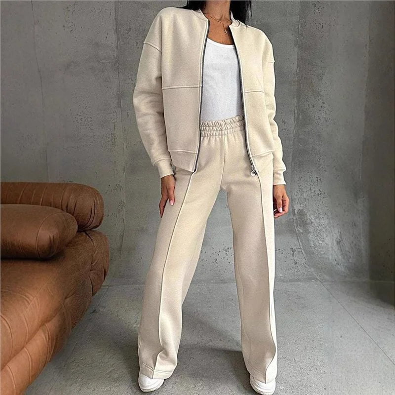 Athvotar Athvotar New Autumn And Winter Women's Casual Zipper Jacket Wide Leg Pants Fashion Set