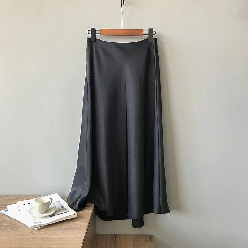 2020 Spring Simmer Women High Waist Satin Skirt Metallic Color Long Skirt Shiny Silk Imitation Midi Skirt