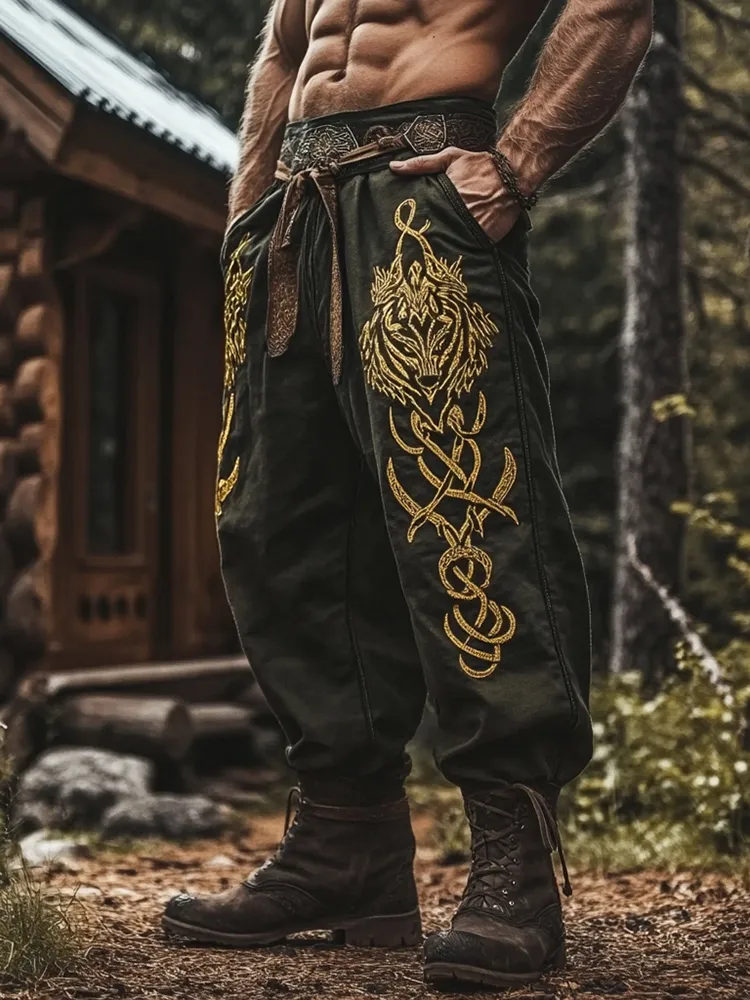 Men's Viking Golden Wolf Rune Retro Nordic Casual Linen Pants / Rvogue / Rvogue