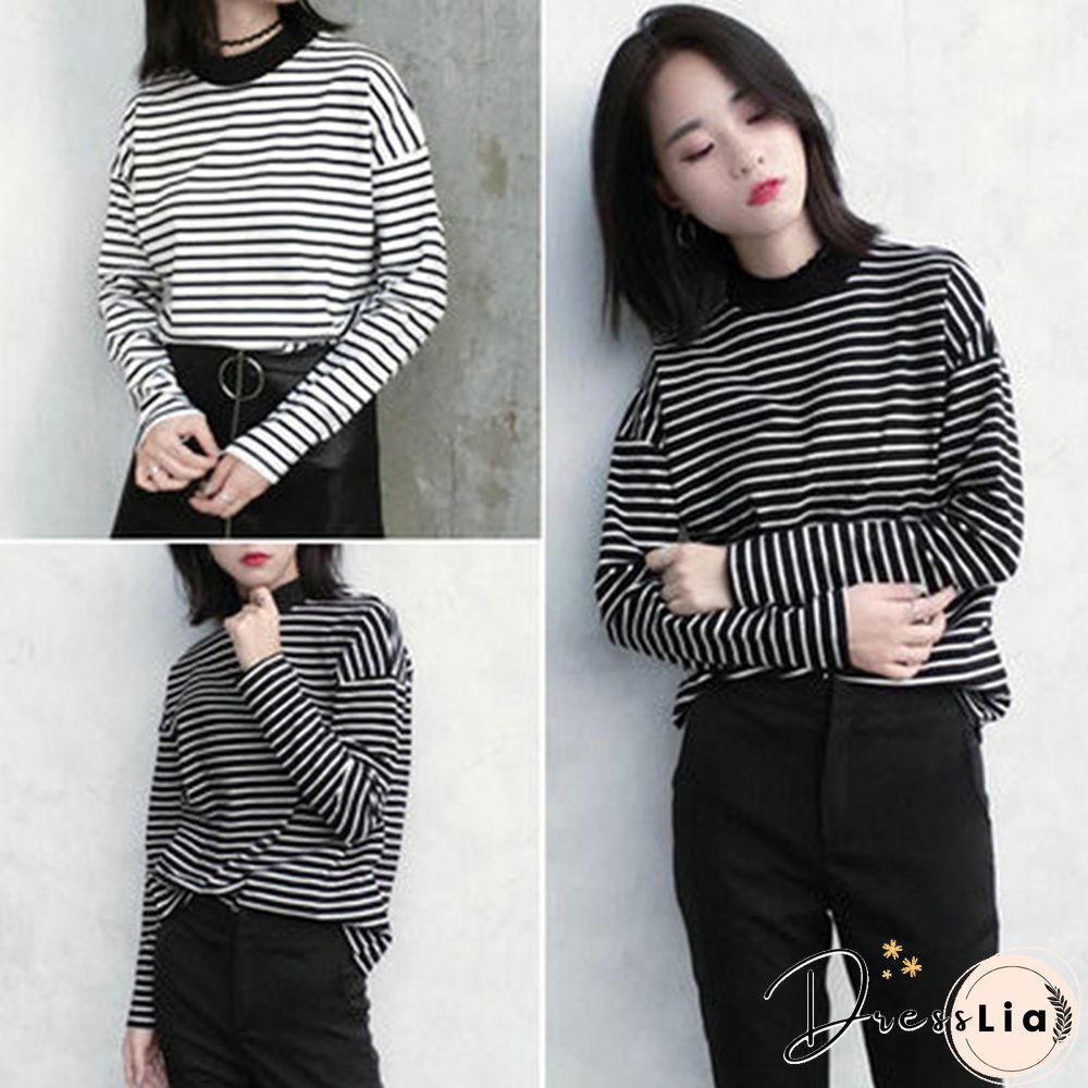 Women Turtleneck Korean Style Crop Top Long Sleeve Striped Tops Female Shirt Casual Harajuku Tops