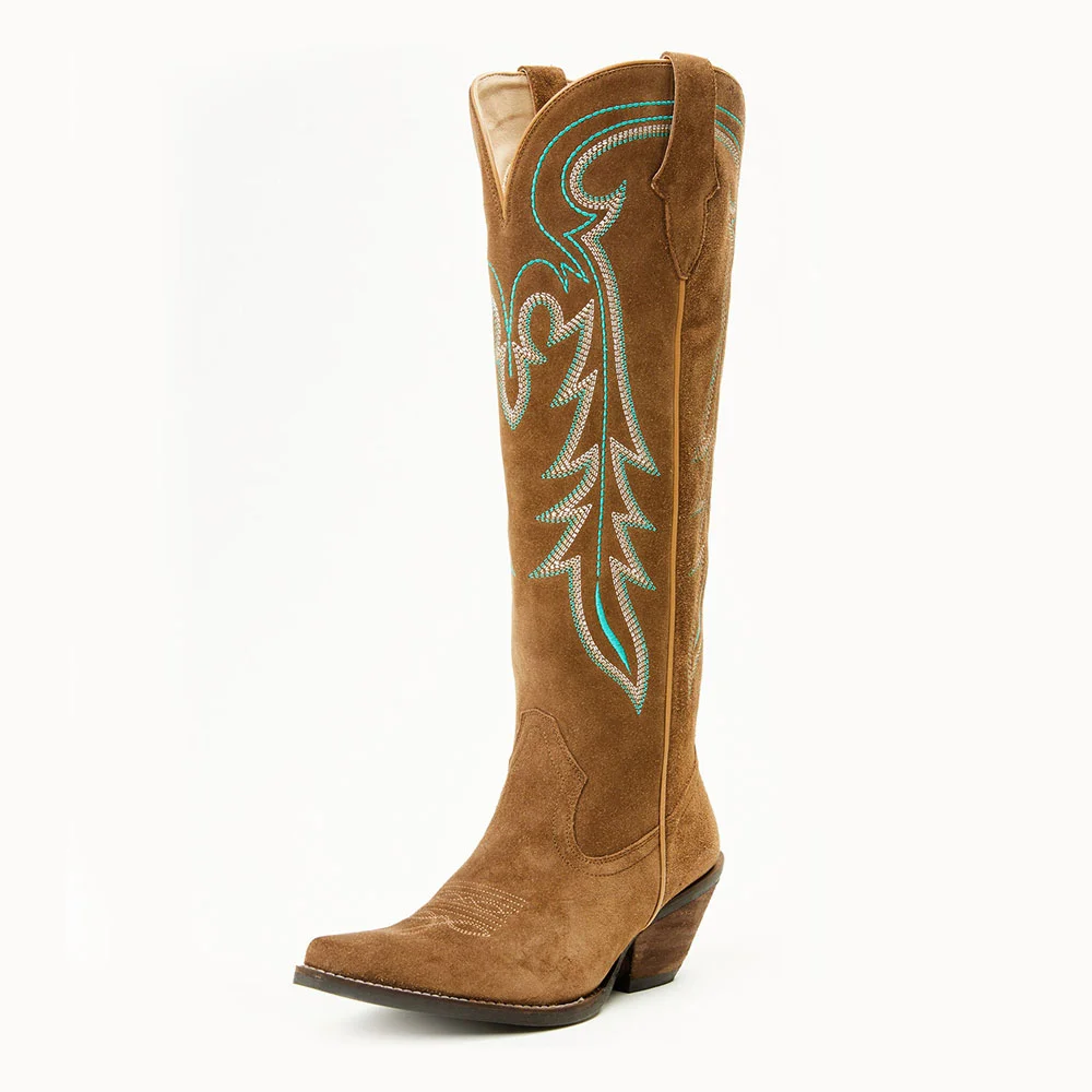 Vegan Suede Chunky Heel Embroidered Cowboy Boots for Women in Tan