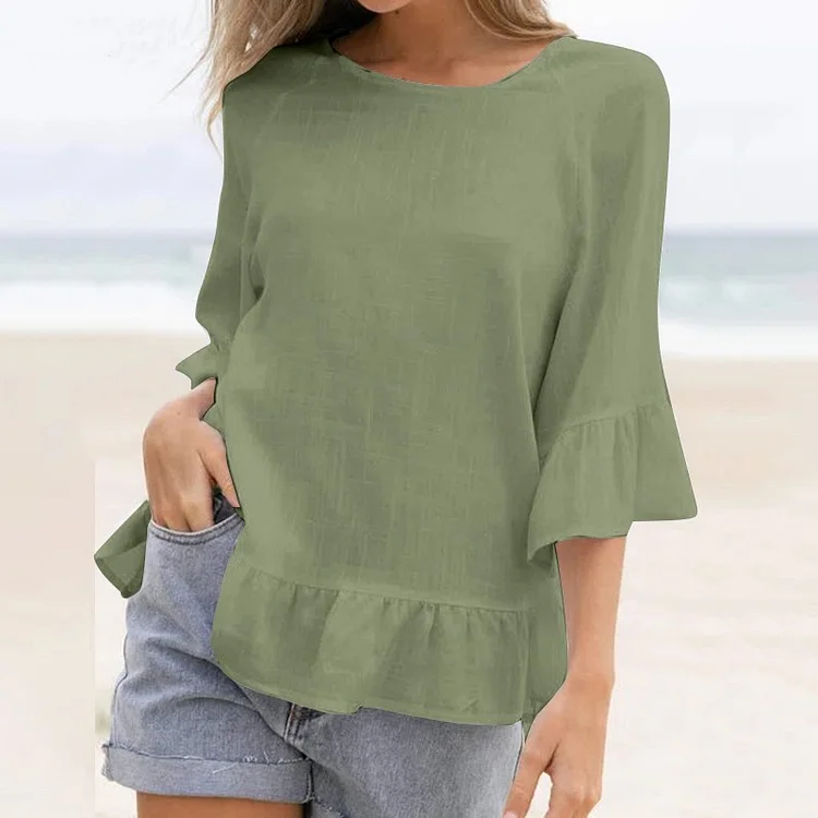 Wearshes Solid Color Cotton And Linen Ruffled Crew Neck T-Shirt