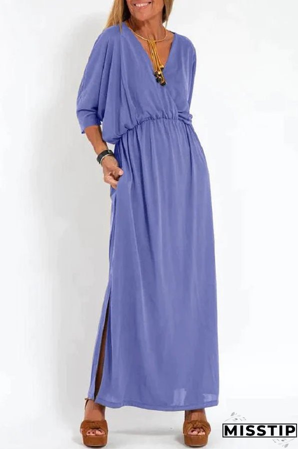 Ultimate Comfort Elastic Waist Half Sleeve Pocketed Slit Maxi Dress