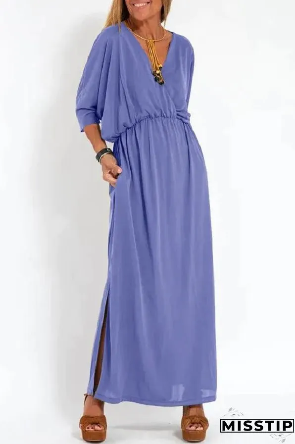 Ultimate Comfort Elastic Waist Half Sleeve Pocketed Slit Maxi Dress