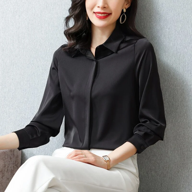 Plus Size Satin Blouse 2021 New Spring Silk Shirt Women Turn Down Collar Loose Office Lady Blouse Long Sleeve Clothes Tops 12793