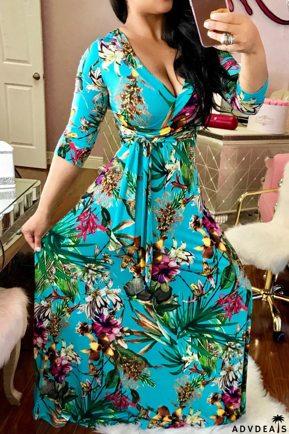 Multi-color Fashion Casual Print Bandage V Neck Long Sleeve Dresses