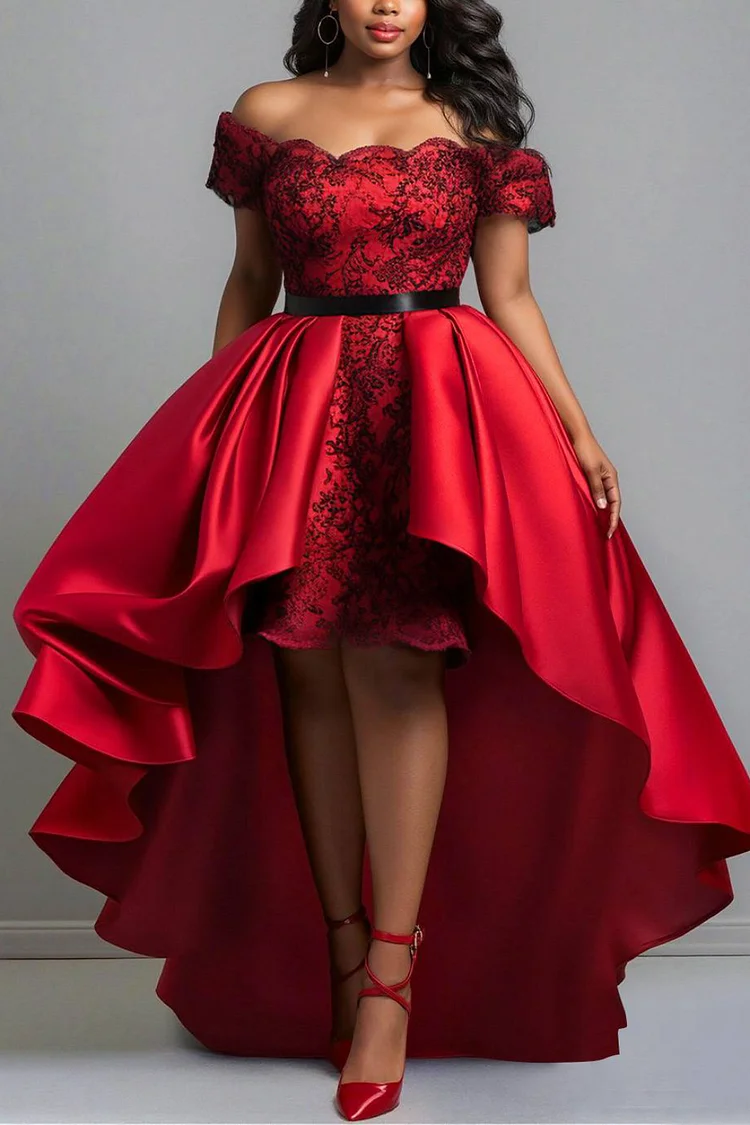 Xpluswear Design Plus Size Formal Lace Red Off The Shoulder Peplum Vintage High Low Hem Satin Midi Dresses [Pre-Order]