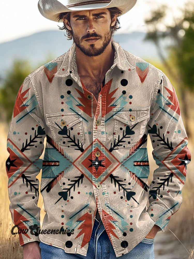 Men’s Western Aztec Print Casual Corduroy Shirt Multicolor / S