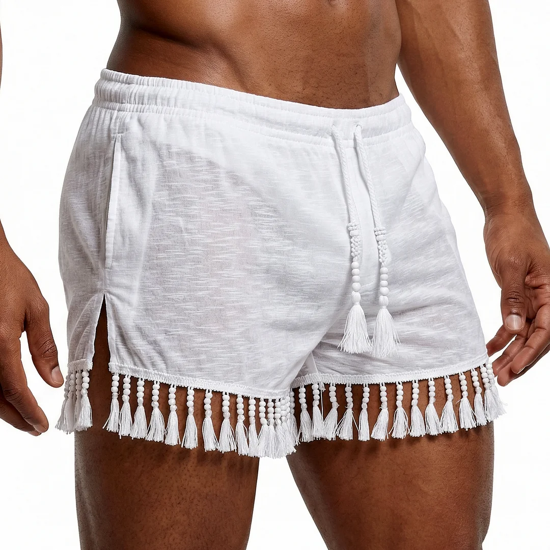 Men's Basic Casual Shorts, Tassel Patchwork Shorts-INSPIREUSE