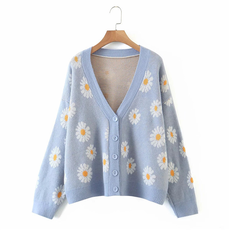  thdmladies Floral Pattern V-neck Button Knitted Long Sleeve Cardigan thedmladies
