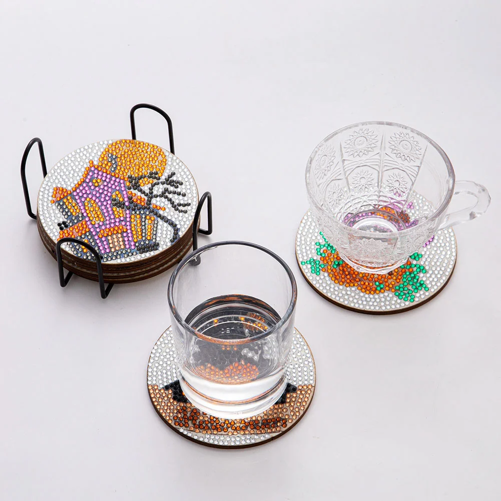 6pcs DIY Diamond with Rack Halloween Drink Cup Pad for Home Office Decor
