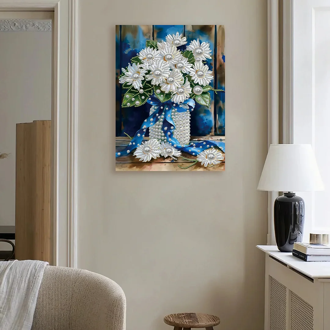 Blue Vase DIY Pearl Diamond Art Kits for Home Wall Decor With Frame 30x40cm
