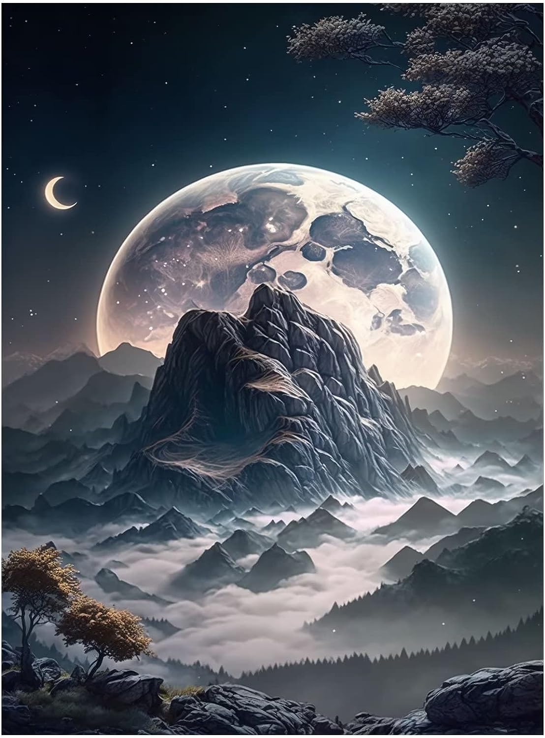 Living Room Art, Ocean Wall Art, Mountains and Moon Frameless Canvas Wall Art, Artwork, Wall Art For Kitchen, Beach Painting, Prints Wall Art, Living Room Artwork For Wall 8 inch  W x 12 inch  H Mountains and Moon 1