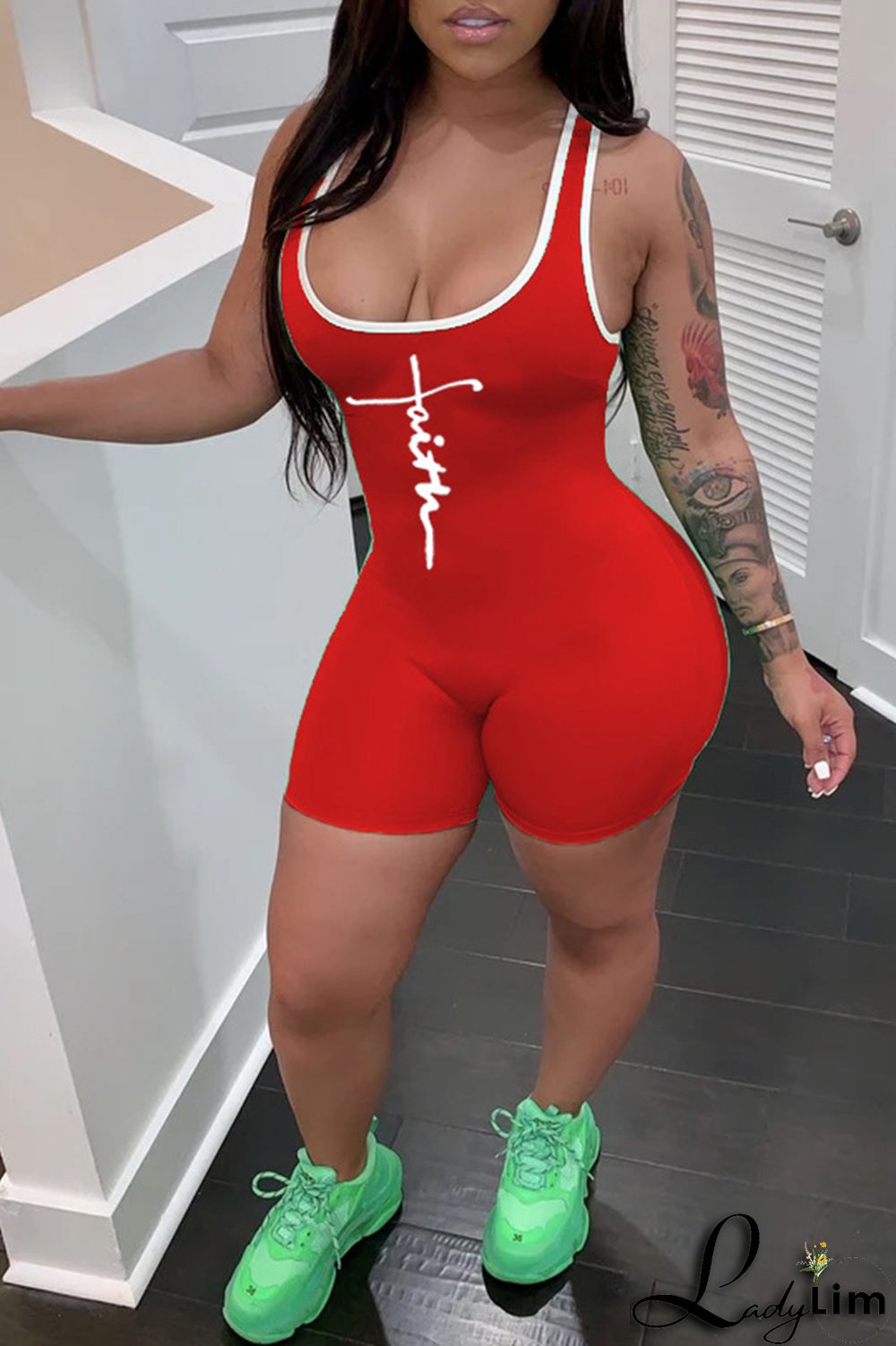 Green Fashion Casual Print Basic U Neck Skinny Romper