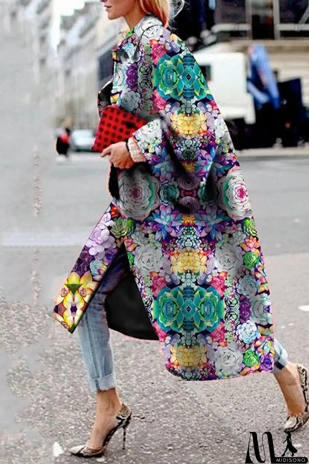 MidiSono - Yellow Blue Street Camouflage Print Patchwork Turndown Collar Outerwear