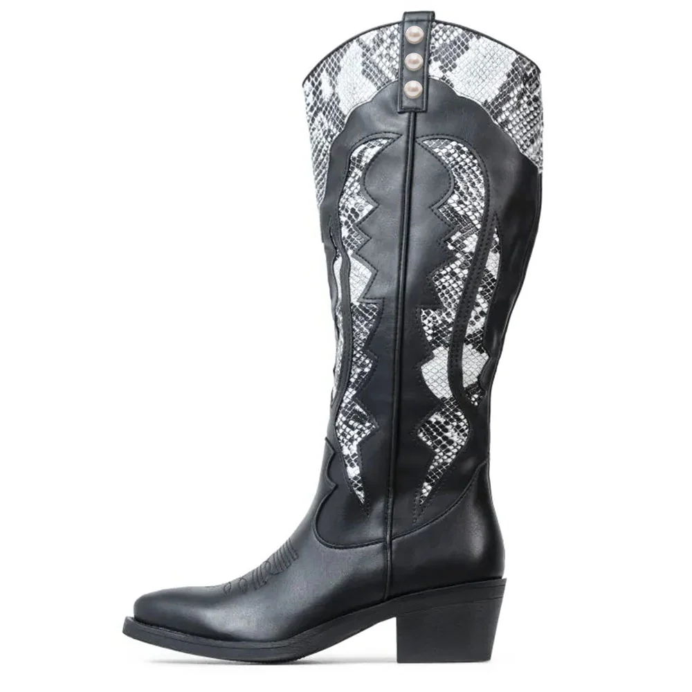 Women's Vegan Leather Knee Boots Snake Texture Pearl Decor Boots Nicepairs