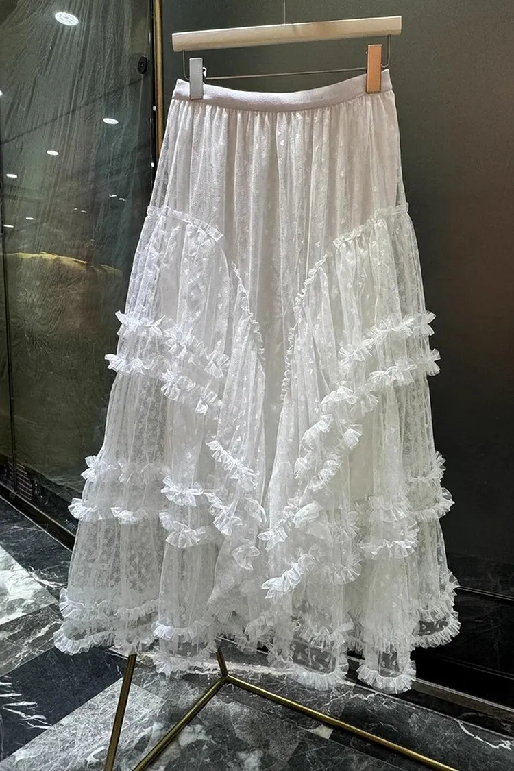 Layered Tulle Tiered Skirt with Heavy Lace and Mesh Details