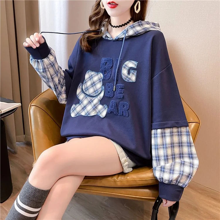 Paneled Checkered/plaid Casual Cotton-Blend Sweatshirt QueenFunky