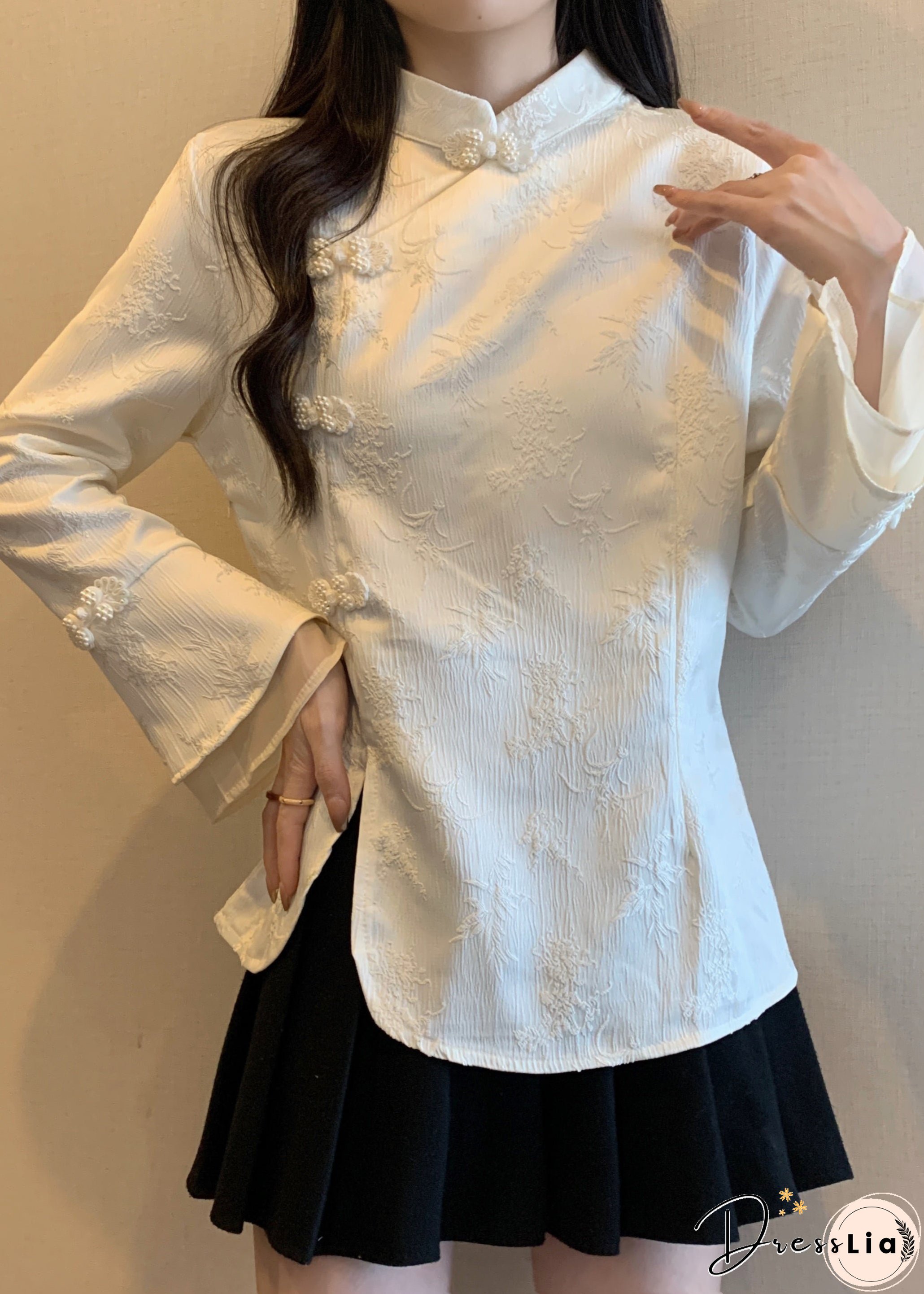 Vintage Apricot Stand Collar Jacquard Oriental Button Cotton Top Fall