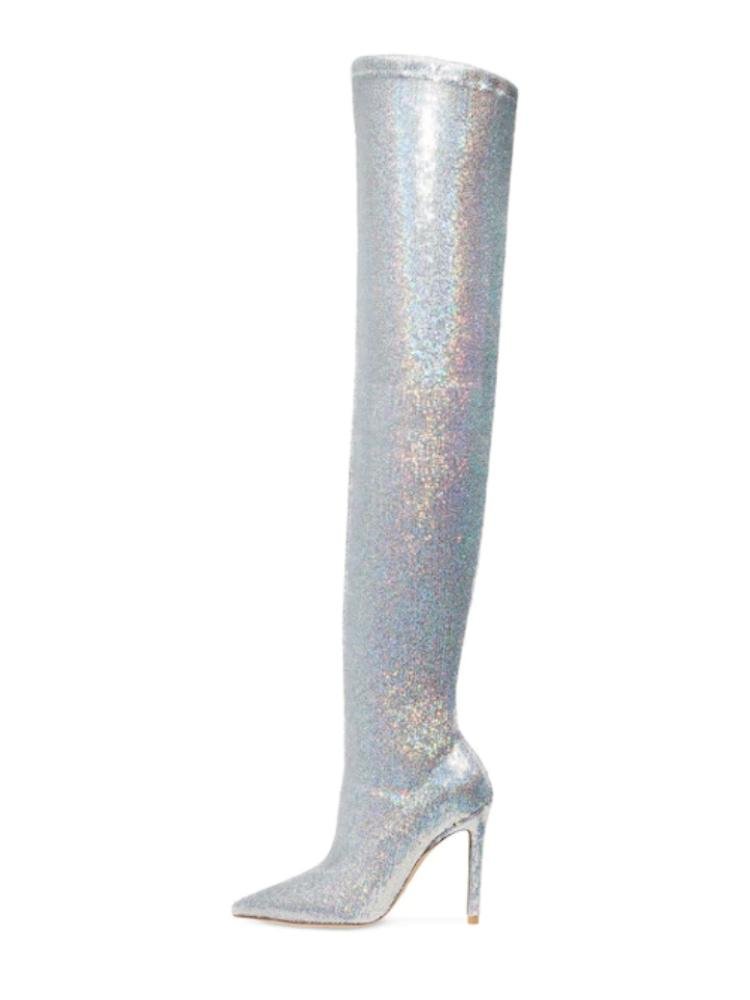 Silver Glitter Sequin Thigh-High Boots Sexy Fashion Stretch Stiletto-Heeled Tall Boots