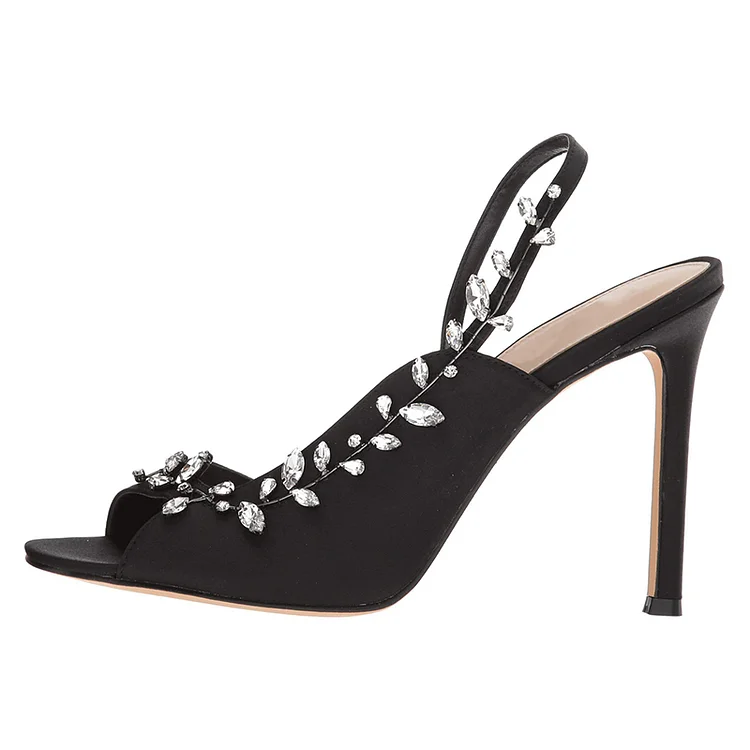 Black Satin Rhinestones Slingback Heels Sandals |FSJ Shoes