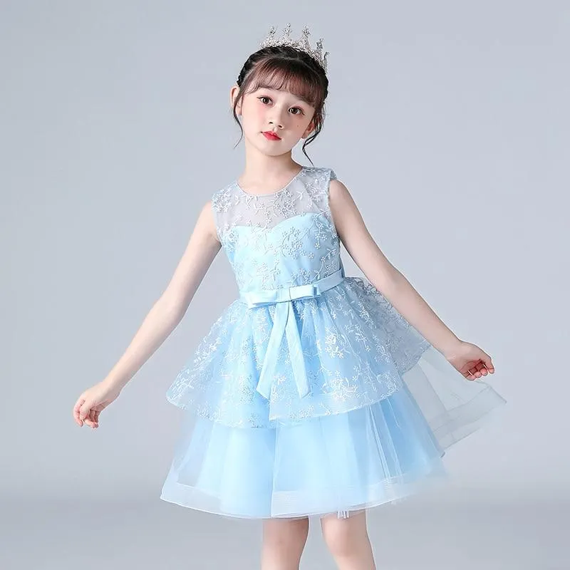Summer Lace Embroidery Kids Dress For Girls Evening Wedding Party Tail Elegant Princess Sleeveless Children Holiday Dresses