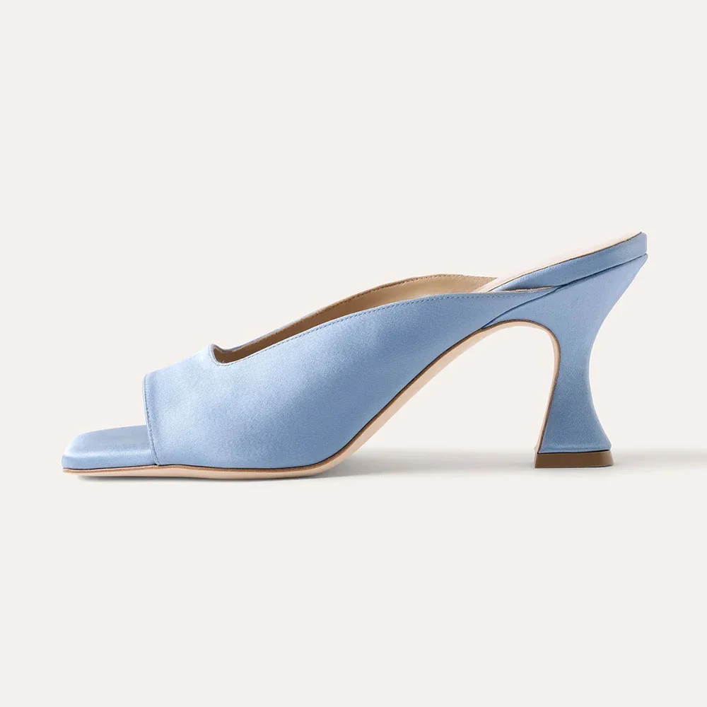 Light Blue Satin Square Toe Slip On Flared High Heel Mules