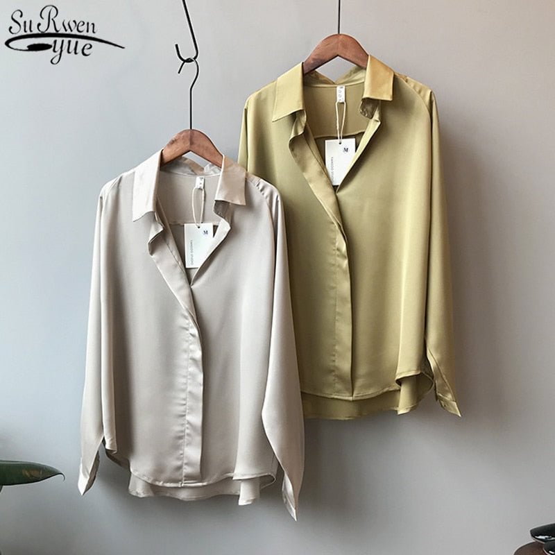 2021 Spring Women Fashion Long Sleeves Satin Blouse Vintage Femme V Neck Street Shirts Elegant Imitation Silk Blouse 5273 50