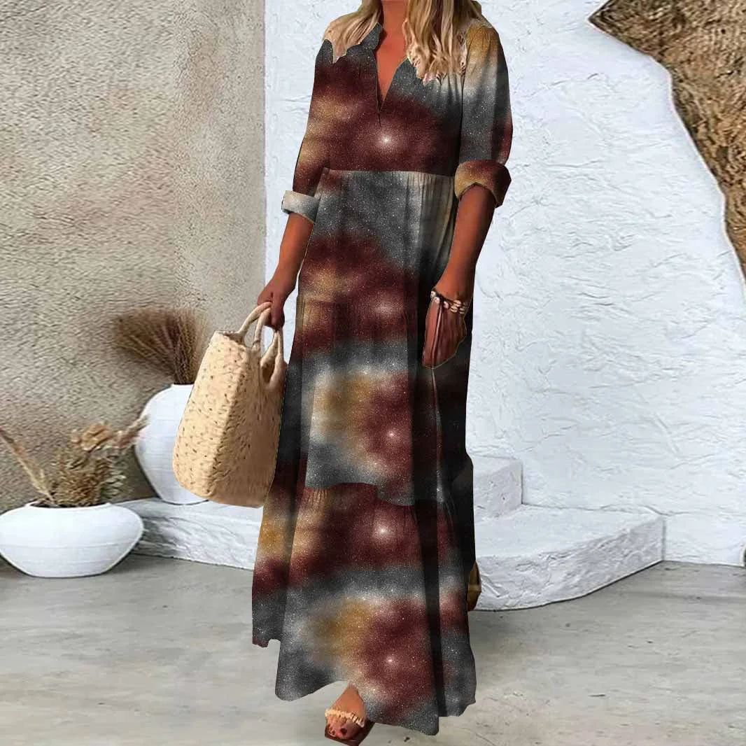 Women Glitter,Brown DZDN0032 SPU Printed Long Sleeve V-neck Maxi Dress