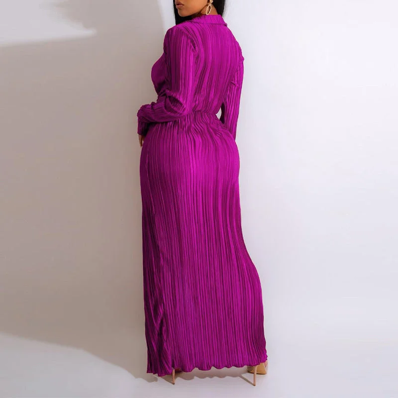 Solid Long Sleeve Deep V Neck High Slit Pleated Maxi Dress